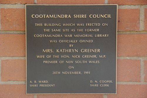 Cootamundra War Memorial Library Plaque Cootamundra War Memorial Library Plaque