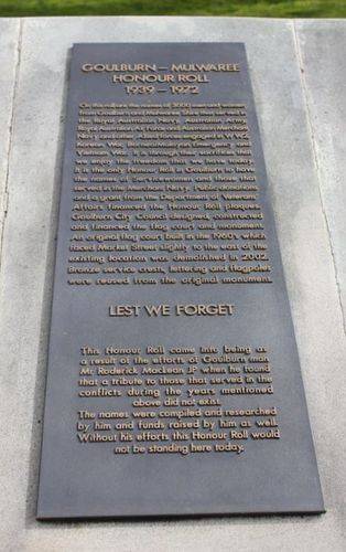 Goulburn-Mulwaree Honour Roll 1939 - 1972 : 13-October-2012