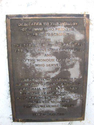 Hivesville War Memorial Plaque : 29-06-2009 Hivesville War Memorial Plaque : 29-06-2009