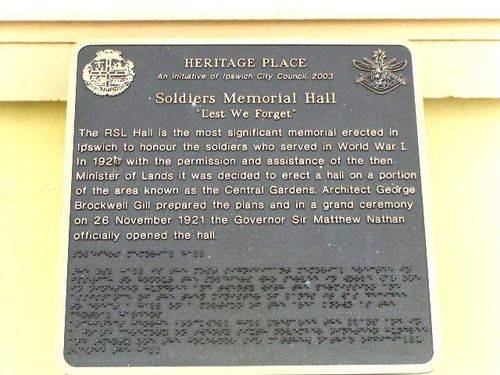 Ipswich Soldiers Memorial Hall Historical Plaque Ipswich Soldiers Memorial Hall Historical Plaque