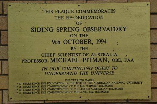 Siding Springs Plaque : July 2014 Siding Springs Plaque : July 2014